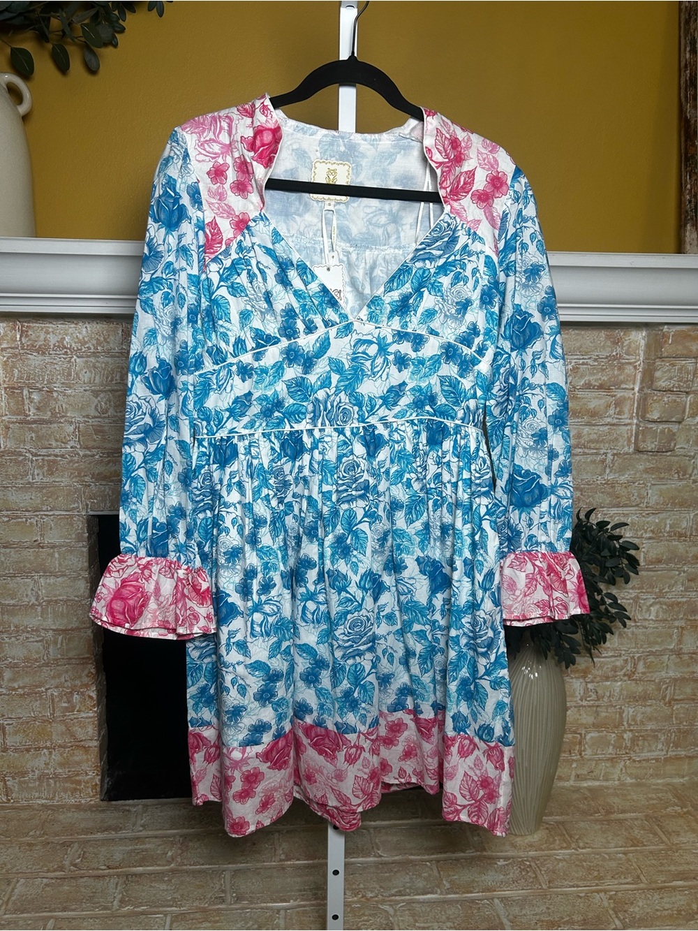 Simply Southern Blue Pink Floral Toile Ruffle Dress S Coastal old money #629 - Picture 2 of 12